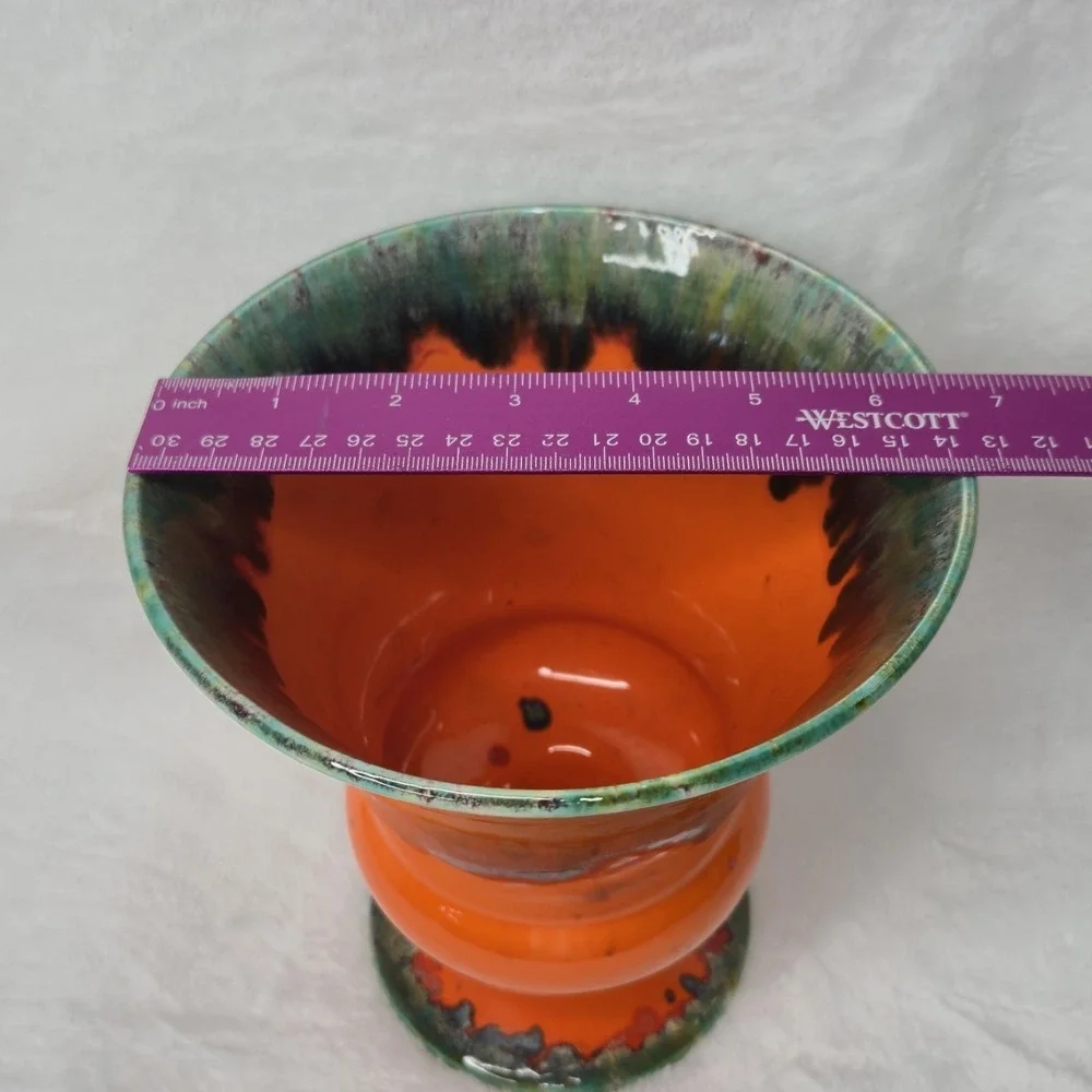 Lane & Co Pottery Vase 1961 MCM Orange Green Drip Glaze Psychedelic Vintage 7.5